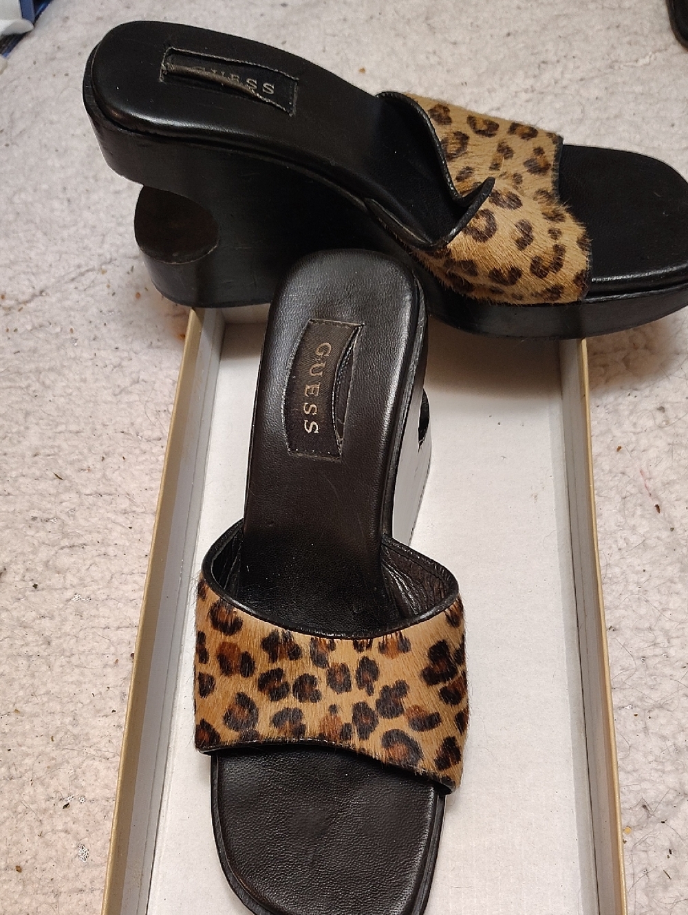 GUESS Leopard Haircalf Black Platform Mules. Great Shape. One Of My Favorites.
